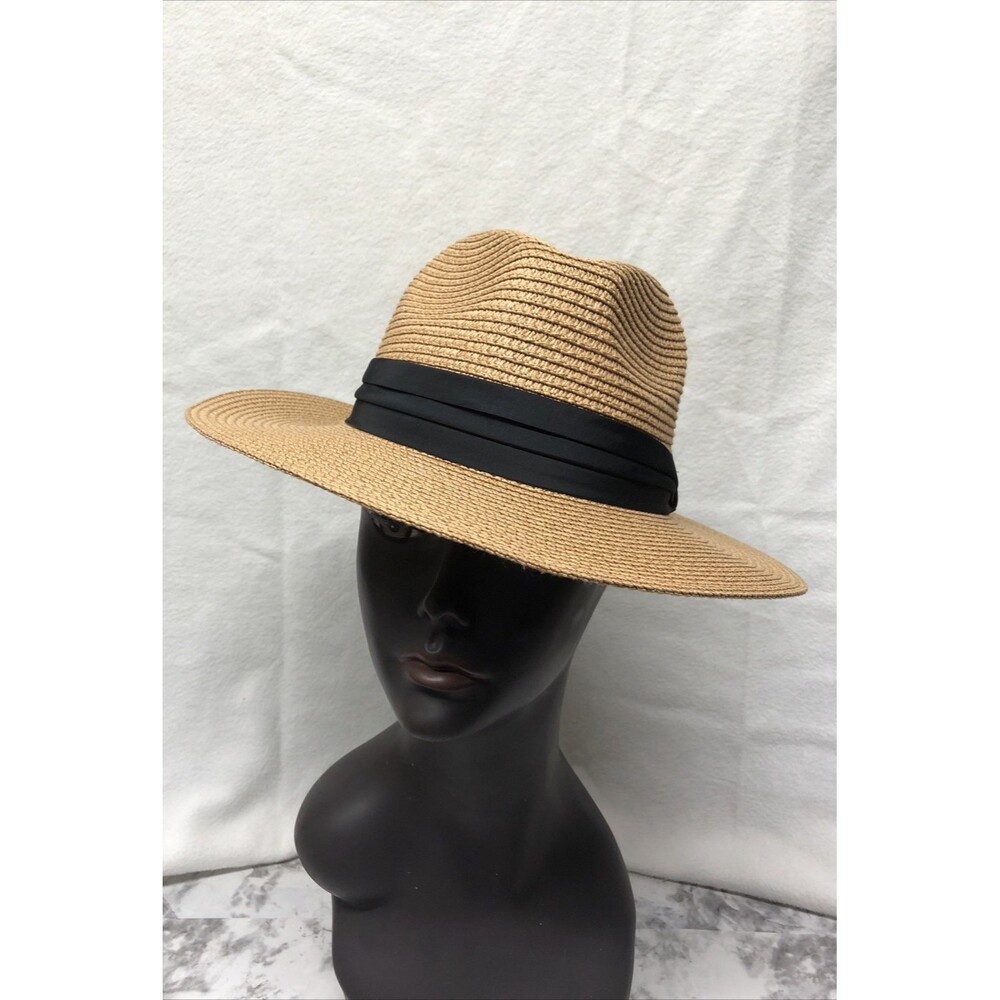Womens Paper Woven Fedora Hat Tan Black Accent Band Boho Cottagecore Fall Chic